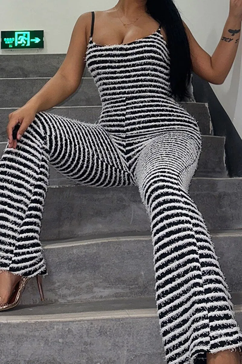 Spaghetti Strap Striped Knit Flared Leg Jumpsuit Backless