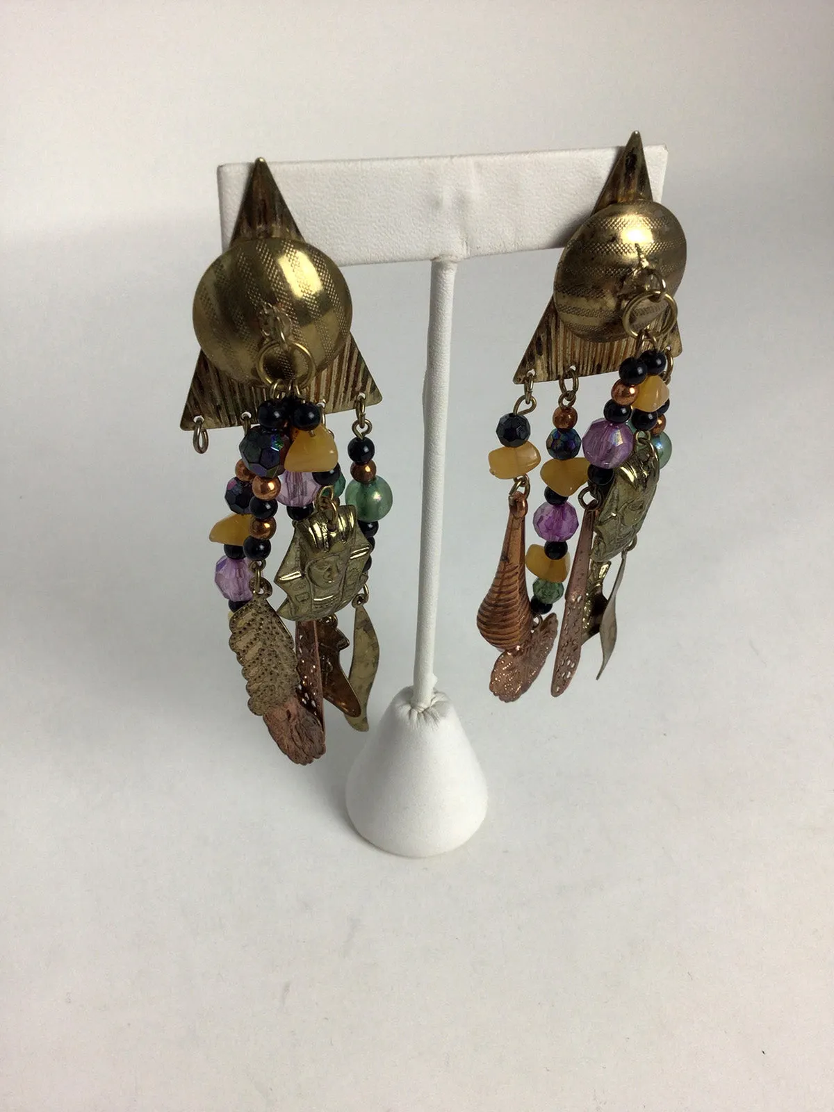 Vintage Copper & Purple Egyptian Charm Dangle Earrings