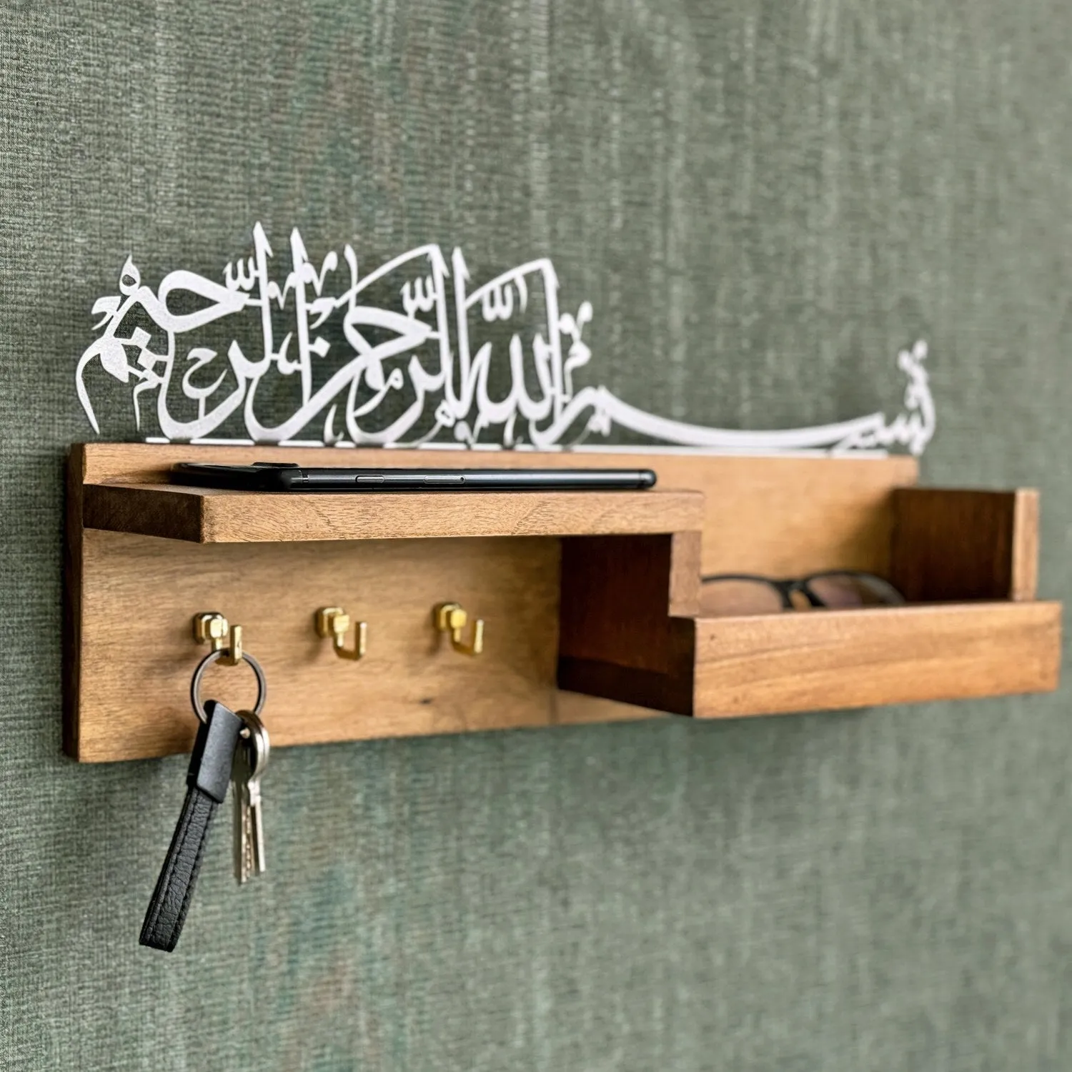 Wooden Key Holder - Bismillah Arabic Calligraphy Muslim Home Decor