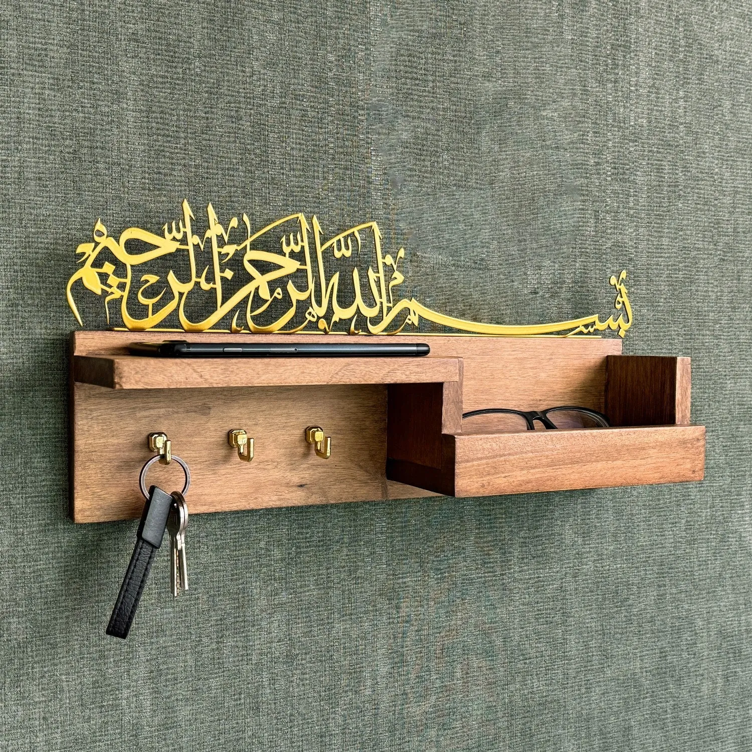 Wooden Key Holder - Bismillah Arabic Calligraphy Muslim Home Decor