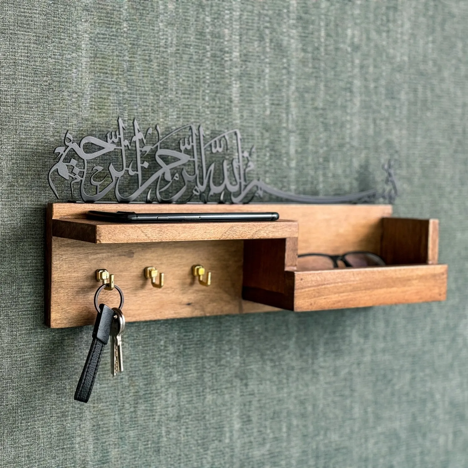 Wooden Key Holder - Bismillah Arabic Calligraphy Muslim Home Decor