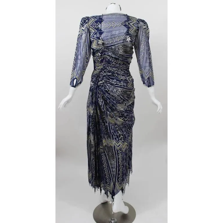 ZANDRA RHODES Navy Hand Painted Silk Dress, Slip, and Headpiece | Size M